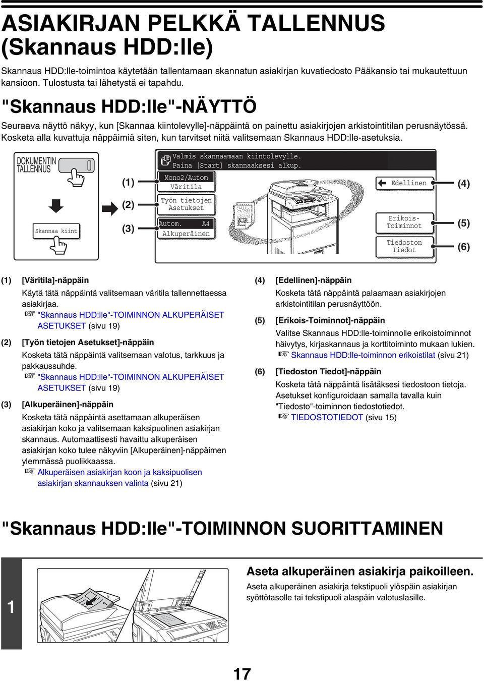 Kosketa alla kuvattuja näppäimiä siten, kun tarvitset niitä valitsemaan Skannaus HDD:lle-asetuksia. DUMENTIN TALLENNUS () Valmis skannaamaan kiintolevylle. Paina [Start] skannaaksesi alkup.