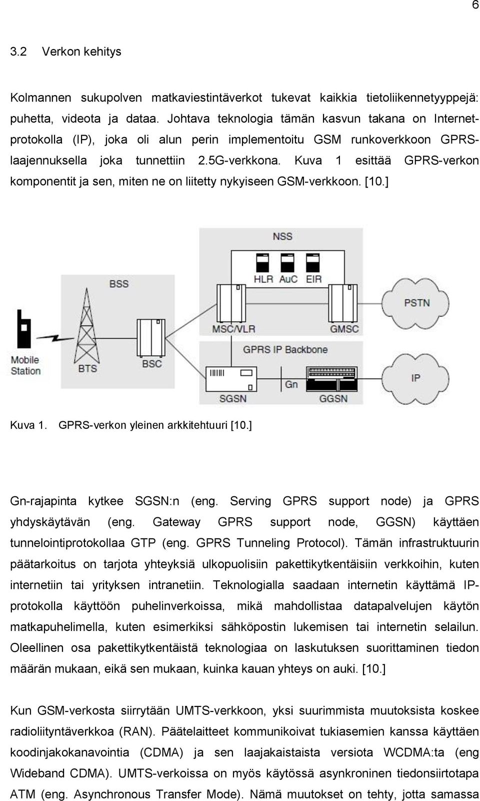 Kuva 1 esittää GPRS-verkon komponentit ja sen, miten ne on liitetty nykyiseen GSM-verkkoon. [10.] Kuva 1. GPRS-verkon yleinen arkkitehtuuri [10.] Gn-rajapinta kytkee SGSN:n (eng.