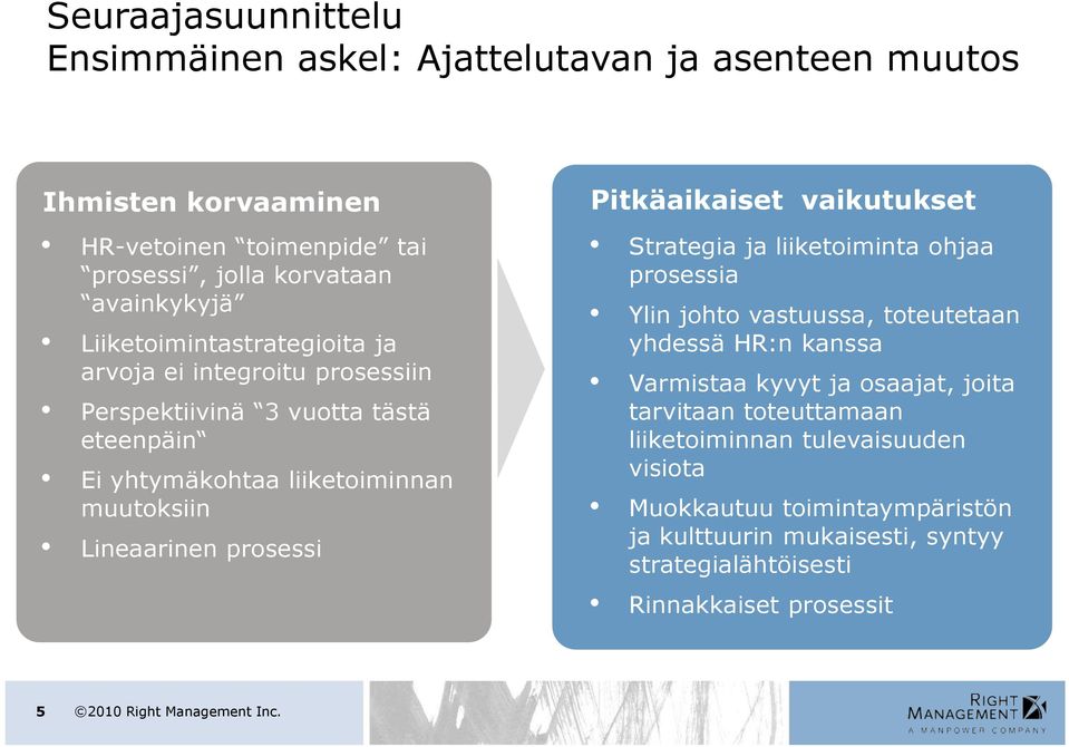 Pitkäaikaiset vaikutukset Strategia ja liiketoiminta ohjaa prosessia Ylin johto vastuussa, toteutetaan yhdessä HR:n kanssa Varmistaa kyvyt ja osaajat, joita tarvitaan