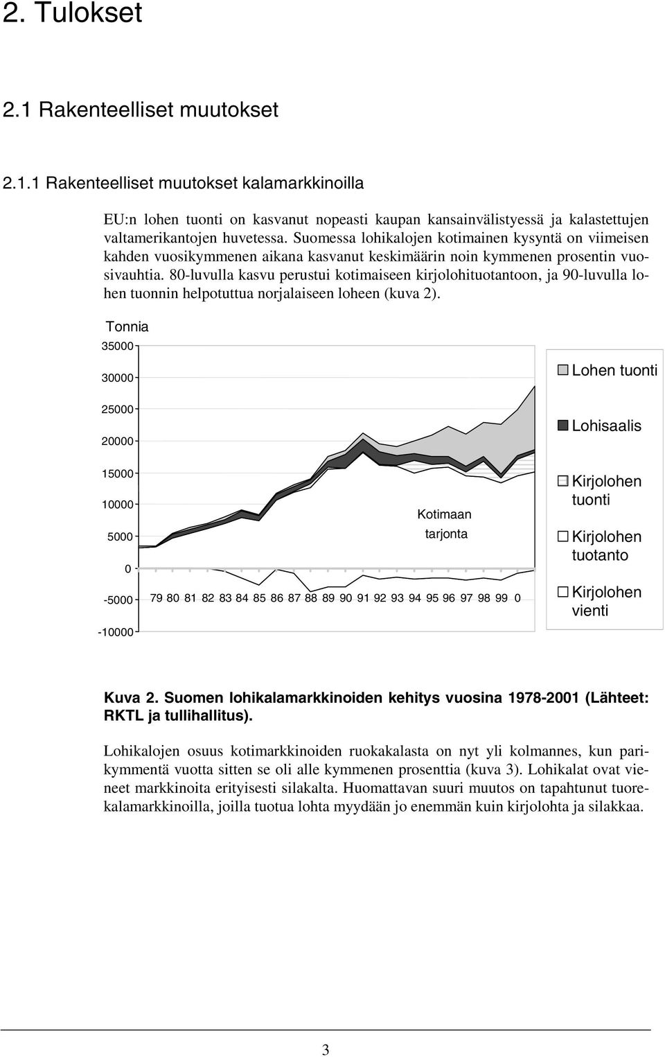 80-luvulla kasvu perustui kotimaiseen kirjolohituotantoon, ja 90-luvulla lohen tuonnin helpotuttua norjalaiseen loheen (kuva 2).