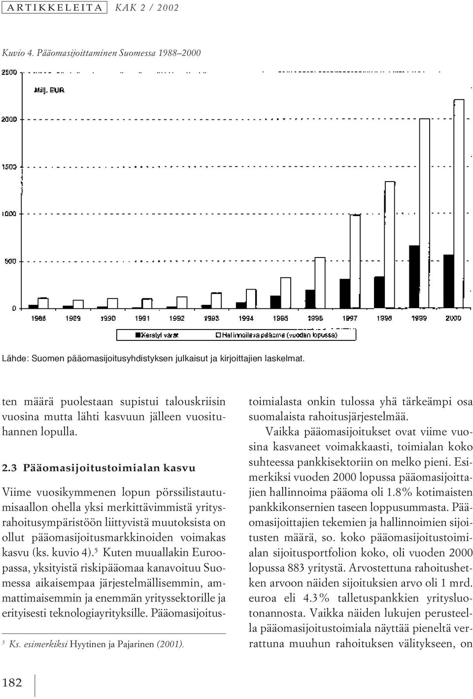 Viime vuosikymmenen lopun pörssilistautumisaallon ohella yksi merkittävimmistä yritysrahoitusympäristöön liittyvistä muutoksista on ollut pääomasijoitusmarkkinoiden voimakas kasvu (ks. kuvio 4).