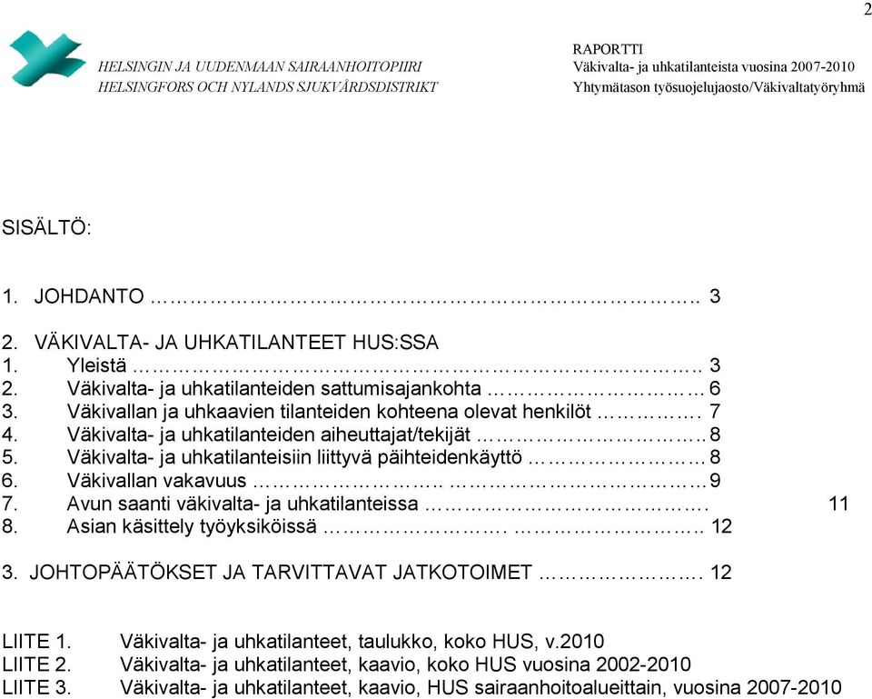 Väkivalta- ja uhkatilanteisiin liittyvä päihteidenkäyttö 8 6. Väkivallan vakavuus.. 9 7. Avun saanti väkivalta- ja uhkatilanteissa. 11 8. Asian käsittely työyksiköissä... 12 3.