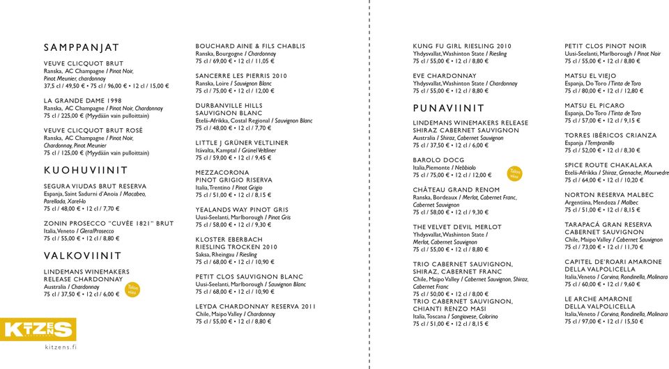 Yhdysvallat, Washinton State / Chardonnay Petit Clos Pinot Noir Uusi-Seelanti, Marlborough / Pinot Noir Matsu El Viejo Espanja, Do Toro / Tinta de Toro 75 cl / 80,00 12 cl / 12,80 La Grande Dame 1998