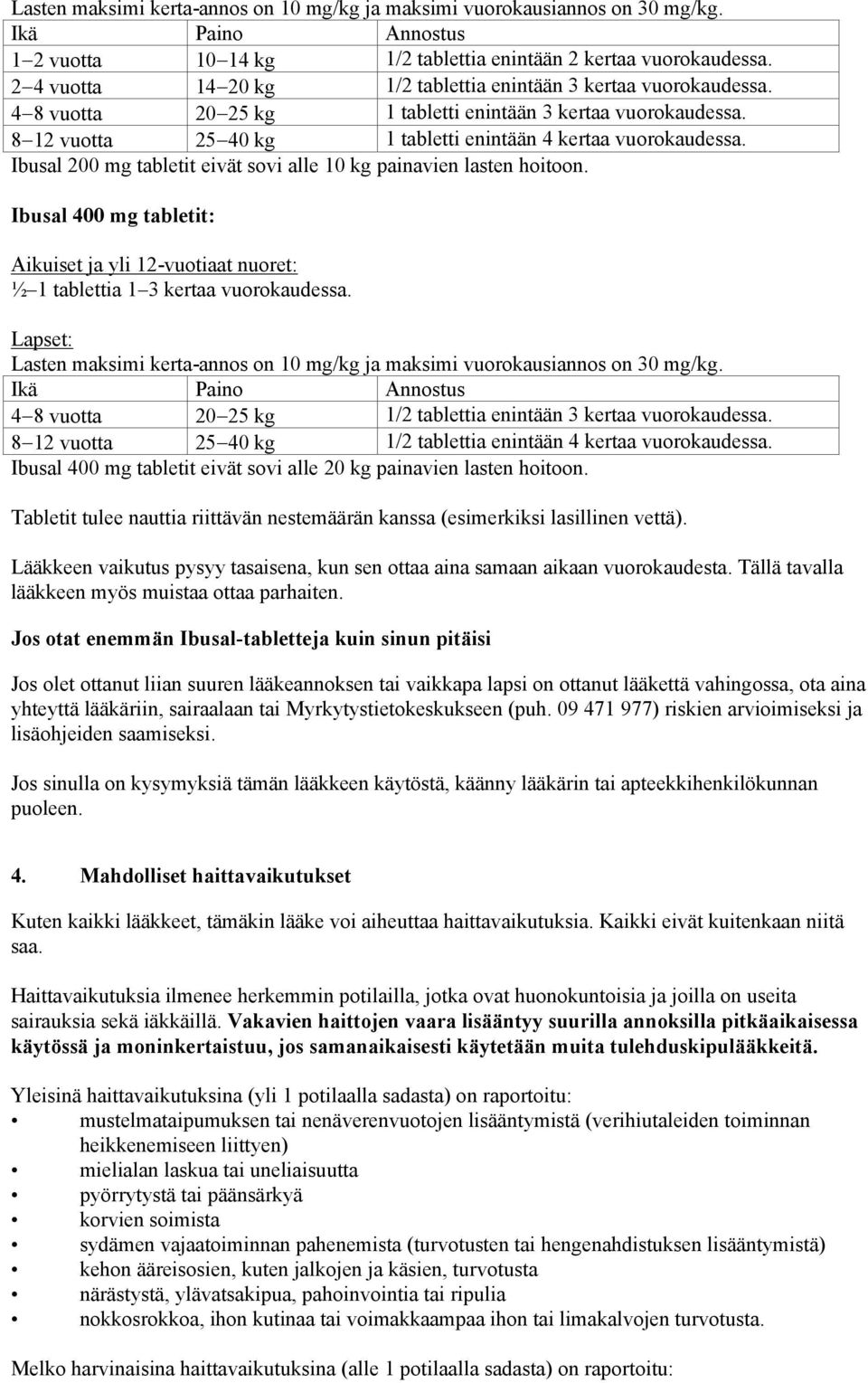 Ibusal 200 mg tabletit eivät sovi alle 10 kg painavien lasten hoitoon. Ibusal 400 mg tabletit: Aikuiset ja yli 12-vuotiaat nuoret: ½ 1 tablettia 1 3 kertaa vuorokaudessa.