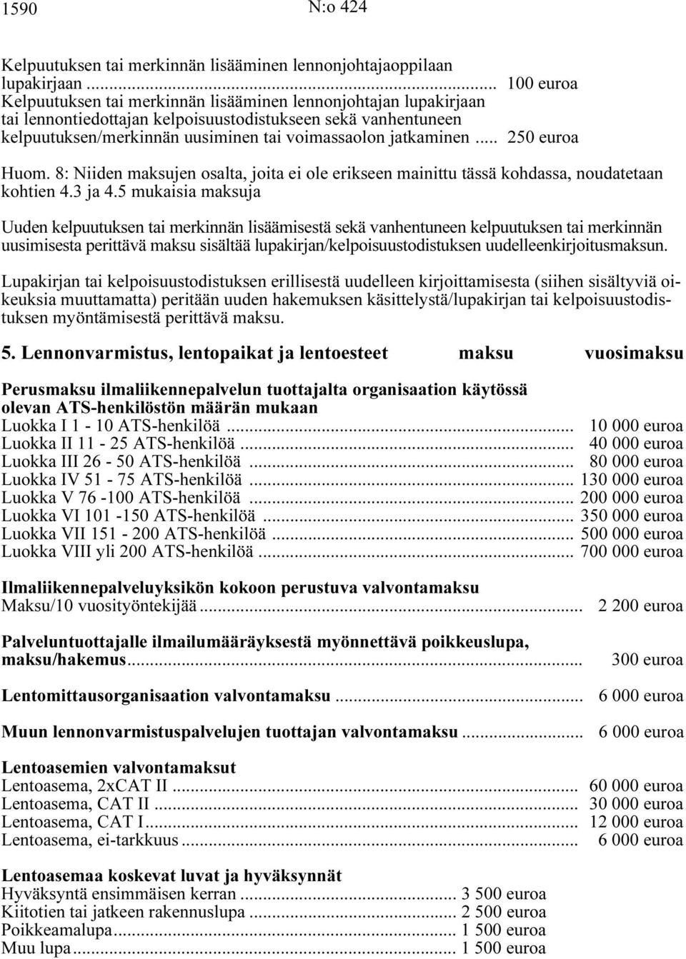 .. 250 euroa Huom. 8: Niiden maksujen osalta, joita ei ole erikseen mainittu tässä kohdassa, noudatetaan kohtien 4.3 ja 4.