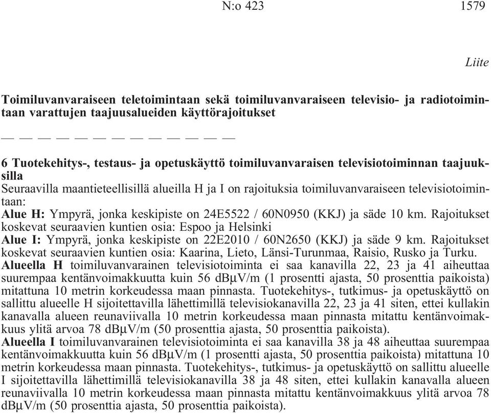 60N0950(KKJ) ja säde 10 km. Rajoitukset koskevat seuraavien kuntien osia: Espoo ja Helsinki Alue I: Ympyrä, jonka keskipiste on 22E2010/ 60N2650(KKJ) ja säde 9 km.