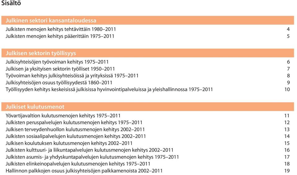 kehitys keskeisissä julkisissa hyvinvointipalveluissa ja yleishallinnossa 1975 2011 10 Julkiset kulutusmenot Yövartijavaltion kulutusmenojen kehitys 1975 2011 11 Julkisten peruspalvelujen