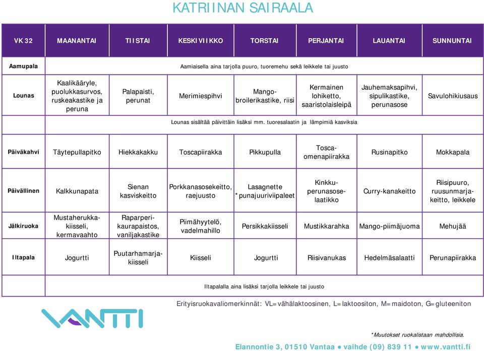 Kalkkunapata Sienan kasviskeitto Porkkanasosekeitto, Lasagnette *punajuuriviipaleet Kinkkulaatikko Curry-kanakeitto ruusunmarjakeitto, leikkele Mustaherukkakiisseli, kermavaahto