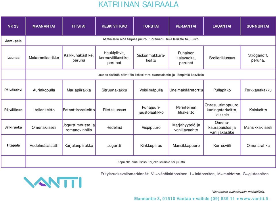 Riistakiusaus Punajuurijuustolaatikko Perinteinen lihakeitto Ohrasuurimopuuro, kuningatarkeitto, leikkele Kalakeitto Omenakiisseli Jogurttimousse ja romanovinhillo Hedelmä