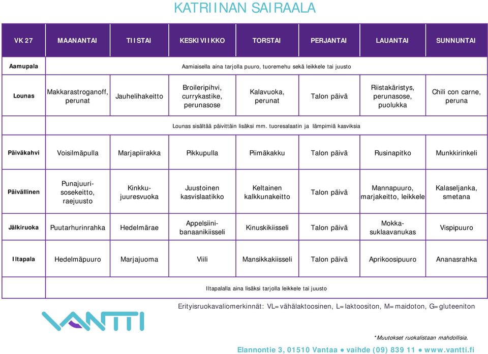 Kinkkujuuresvuoka Juustoinen kasvislaatikko Keltainen kalkkunakeitto Talon päivä Mannapuuro, marjakeitto, leikkele Kalaseljanka, smetana Puutarhurinrahka Hedelmärae