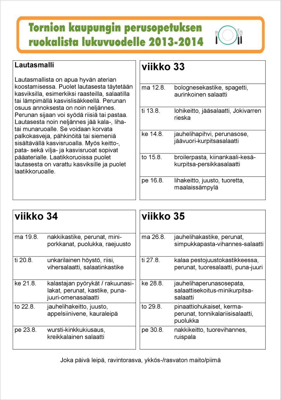 Se voidaan korvata palkokasveja, pähkinöitä tai siemeniä sisältävällä kasvisruoalla. Myös keitto-, pata- sekä vilja- ja kasvisruoat sopivat pääaterialle.