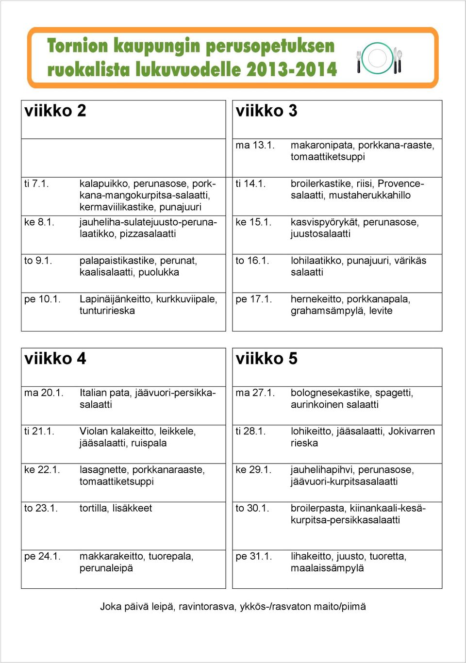 1. Italian pata, jäävuori-persikka ma 27.1. bolognesekastike, spagetti, aurinkoinen ti 21.1. jää, ti 28.1. lohikeitto, jää, Jokivarren rieska ke 22.1. ke 29.