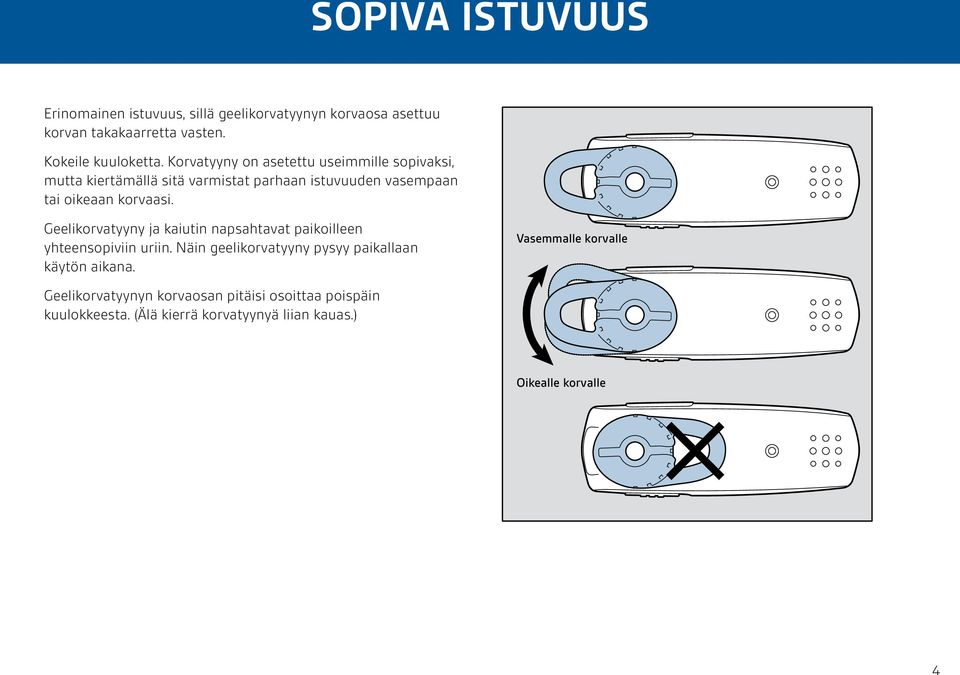 Geelikorvatyyny ja kaiutin napsahtavat paikoilleen yhteensopiviin uriin. Näin geelikorvatyyny pysyy paikallaan käytön aikana.