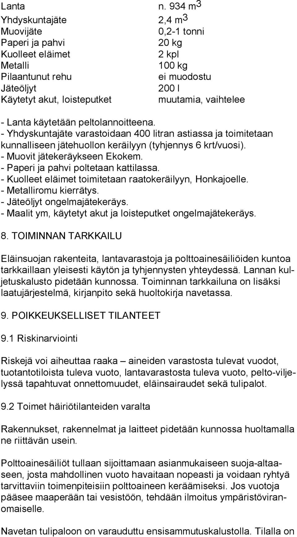 vaihtelee - Lanta käytetään peltolannoitteena. - Yhdyskuntajäte varastoidaan 400 litran astiassa ja toimitetaan kunnalliseen jätehuollon keräilyyn (tyhjennys 6 krt/vuosi).