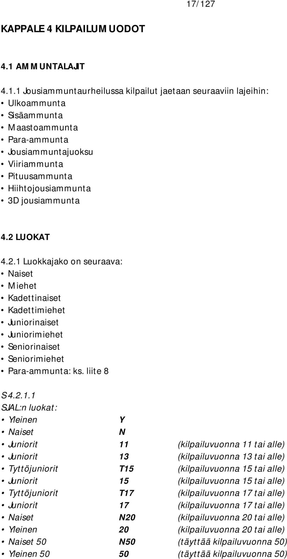 Luokkajako on seuraava: Naiset Miehet Kadettinaiset Kadettimiehet Juniorinaiset Juniorimiehet Seniorinaiset Seniorimiehet Para-ammunta: ks. liite 8 S 4.2.1.