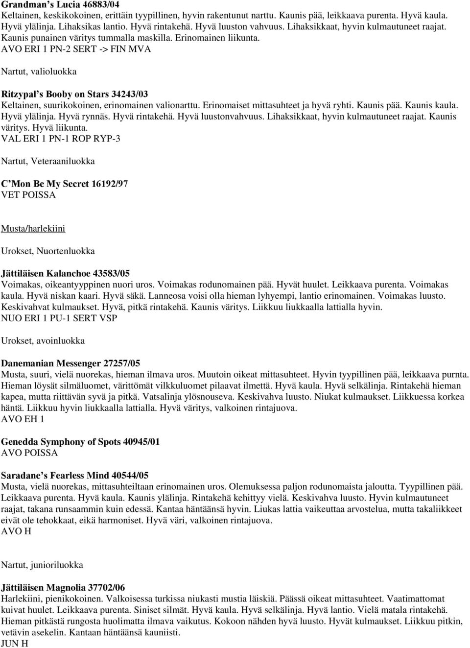 AVO ERI 1 PN-2 SERT -> FIN MVA Nartut, valioluokka Ritzypal s Booby on Stars 34243/03 Keltainen, suurikokoinen, erinomainen valionarttu. Erinomaiset mittasuhteet ja hyvä ryhti. Kaunis pää.