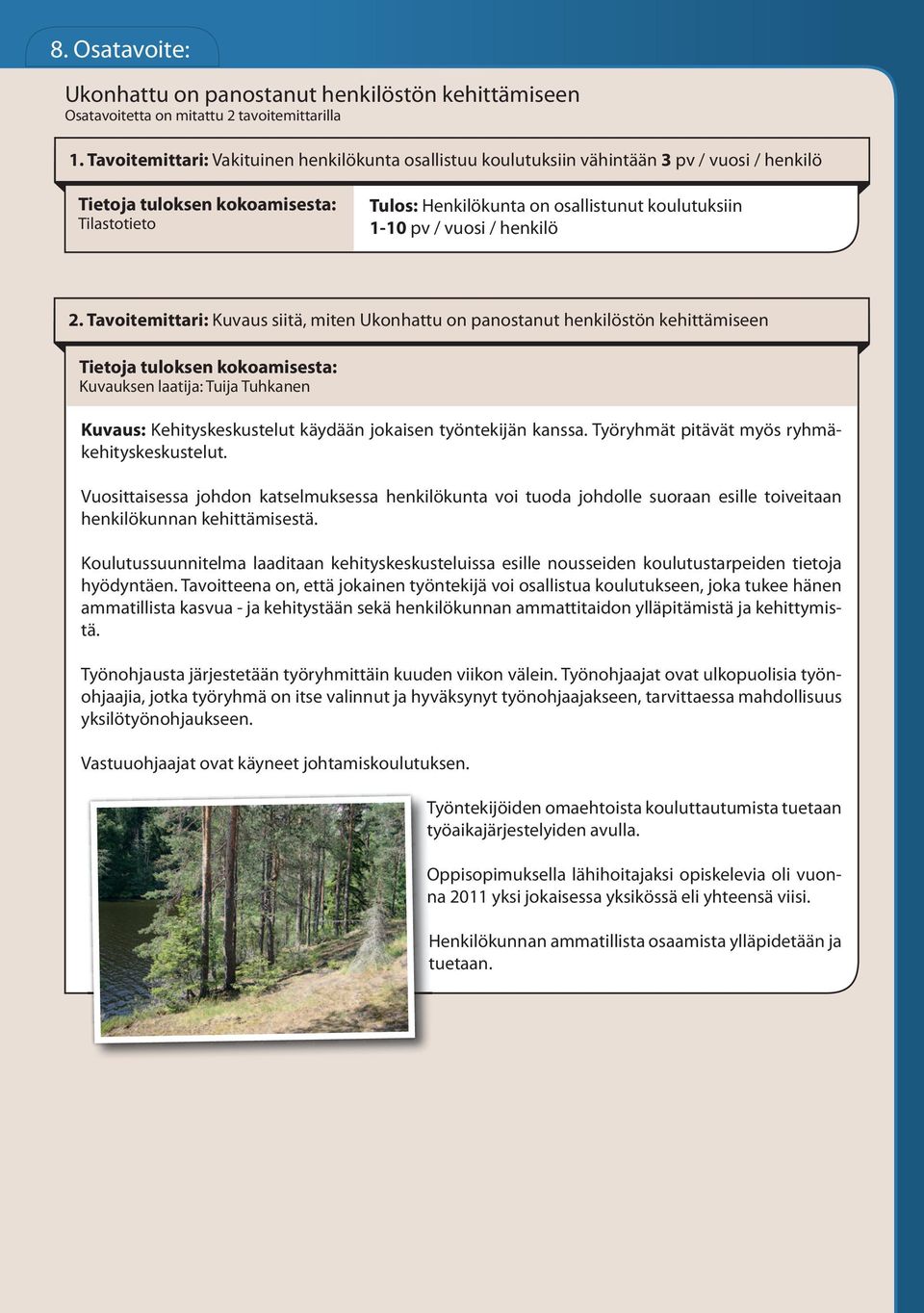 Tavoitemittari: Kuvaus siitä, miten Ukonhattu on panostanut henkilöstön kehittämiseen Kuvauksen laatija: Tuija Tuhkanen Kuvaus: Kehityskeskustelut käydään jokaisen työntekijän kanssa.