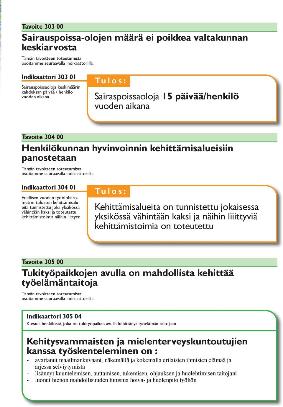 osoitamme seuraavalla indikaattorilla: Indikaattori 304 01 Edellisen vuoden työolobarometrin tulosten kehittämisalueita tunnistettu joka yksikössä vähintään kaksi ja toteutettu kehittämistoimia