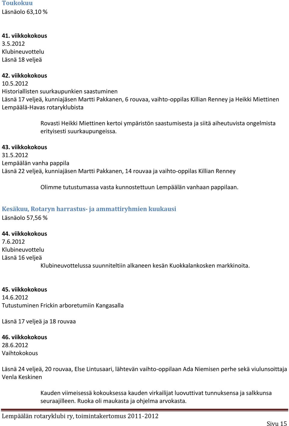 2012 Historiallisten suurkaupunkien saastuminen Läsnä 17 veljeä, kunniajäsen Martti Pakkanen, 6 rouvaa, vaihto-oppilas Killian Renney ja Heikki Miettinen Lempäälä-Havas rotaryklubista Rovasti Heikki