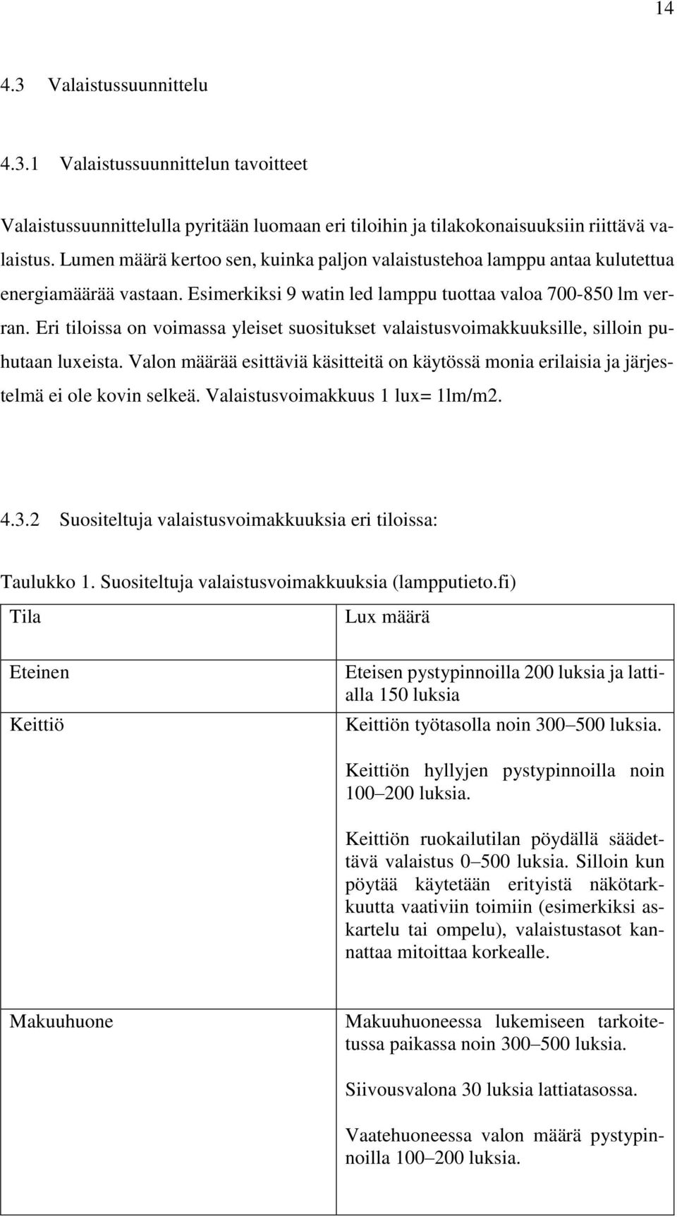 Eri tiloissa on voimassa yleiset suositukset valaistusvoimakkuuksille, silloin puhutaan luxeista. Valon määrää esittäviä käsitteitä on käytössä monia erilaisia ja järjestelmä ei ole kovin selkeä.