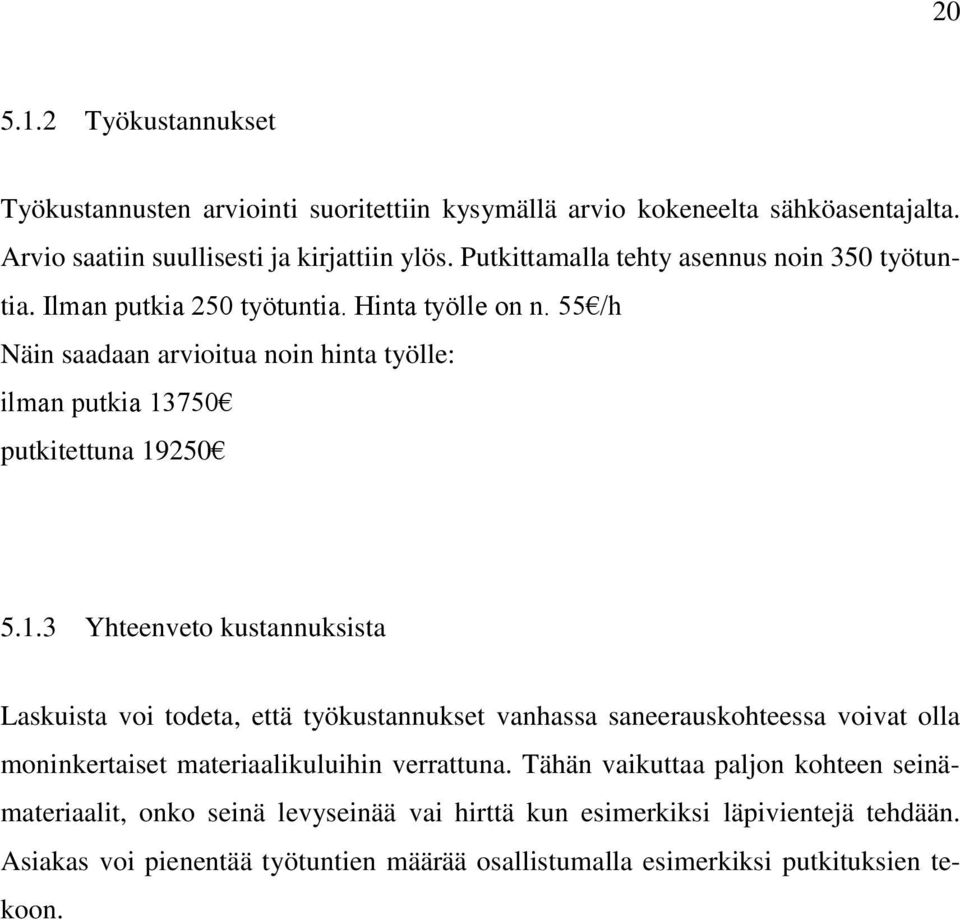 55 /h Näin saadaan arvioitua noin hinta työlle: ilman putkia 13