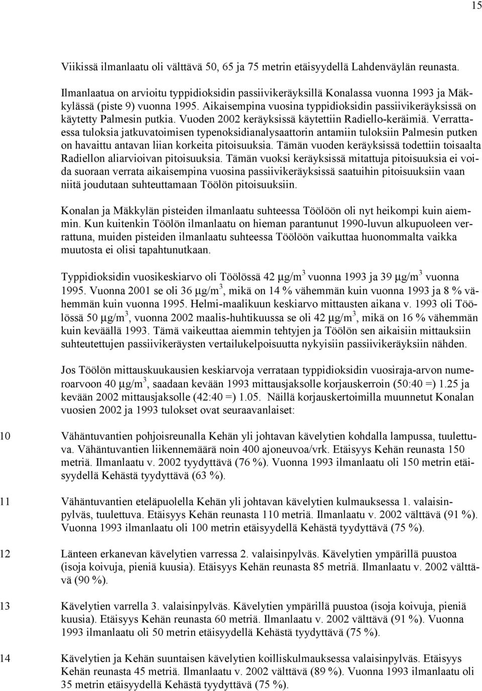 Aikaisempina vuosina typpidioksidin passiivikeräyksissä on käytetty Palmesin putkia. Vuoden 2002 keräyksissä käytettiin Radiello-keräimiä.