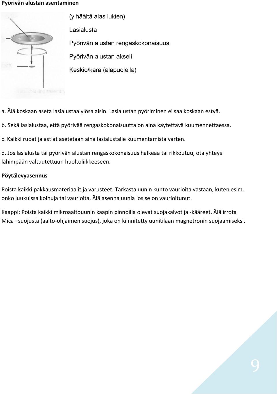 Kaikki ruoat ja astiat asetetaan aina lasialustalle kuumentamista varten. d.