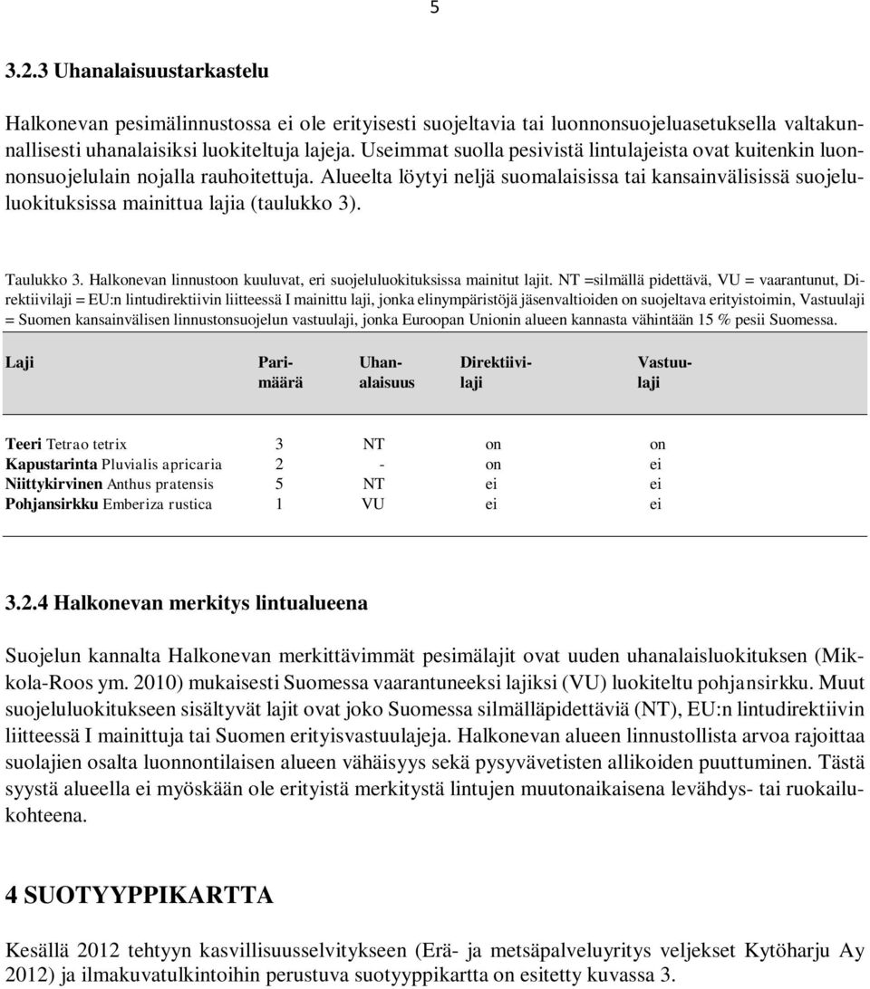 Alueelta löytyi neljä suomalaisissa tai kansainvälisissä suojeluluokituksissa mainittua lajia (taulukko 3). Taulukko 3. Halkonevan linnustoon kuuluvat, eri suojeluluokituksissa mainitut lajit.