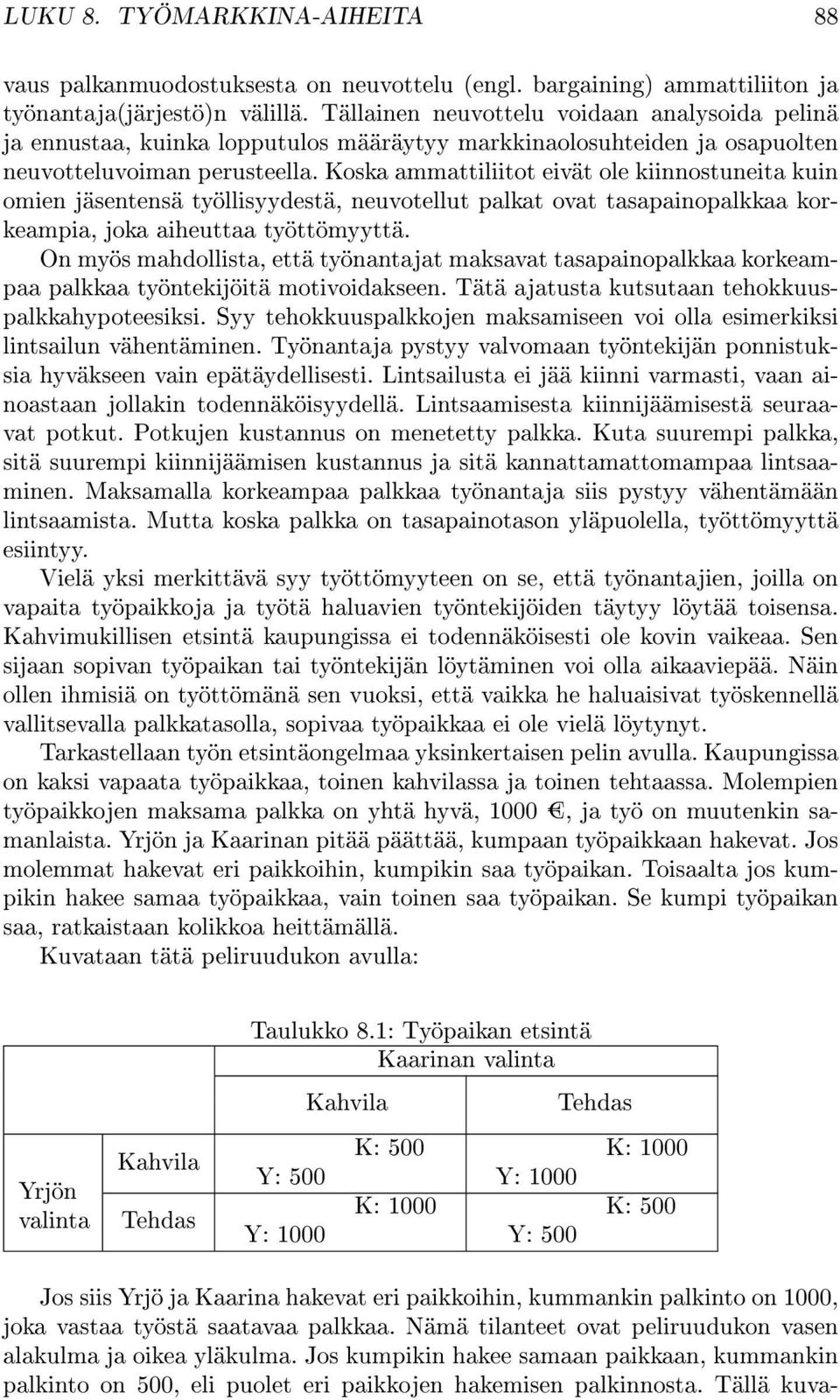 Koska ammattiliitot eivät ole kiinnostuneita kuin omien jäsentensä työllisyydestä, neuvotellut palkat ovat tasapainopalkkaa korkeampia, joka aiheuttaa työttömyyttä.