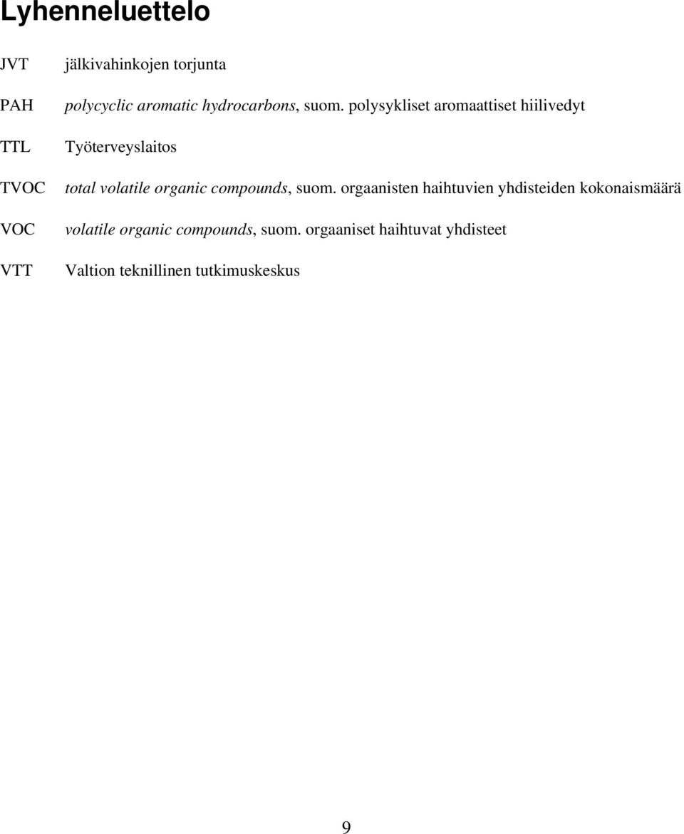 polysykliset aromaattiset hiilivedyt Työterveyslaitos total volatile organic compounds,