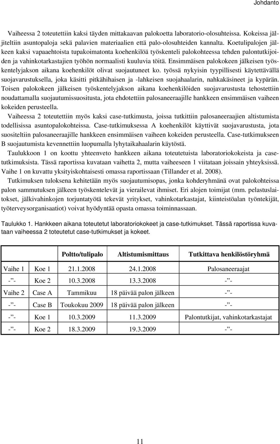 Ensimmäisen palokokeen jälkeisen työskentelyjakson aikana koehenkilöt olivat suojautuneet ko.