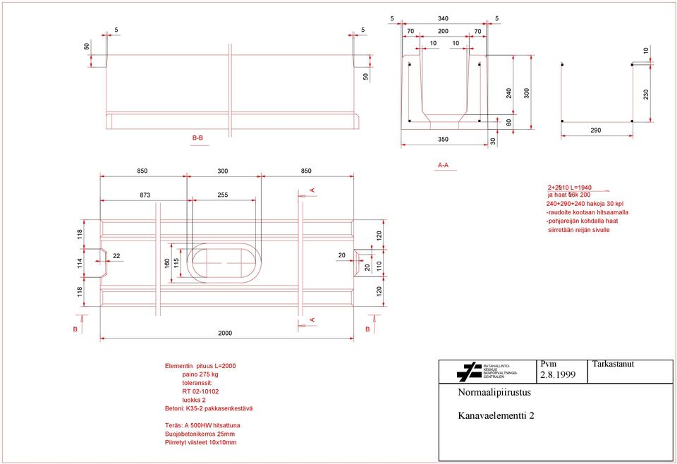 120 110 120 B 2000 B Elementin pituus L=2000 paino 275 kg toleranssit: RT 02-10102 luokka 2 Betoni: K35-2 pakkasenkestävä Teräs: A