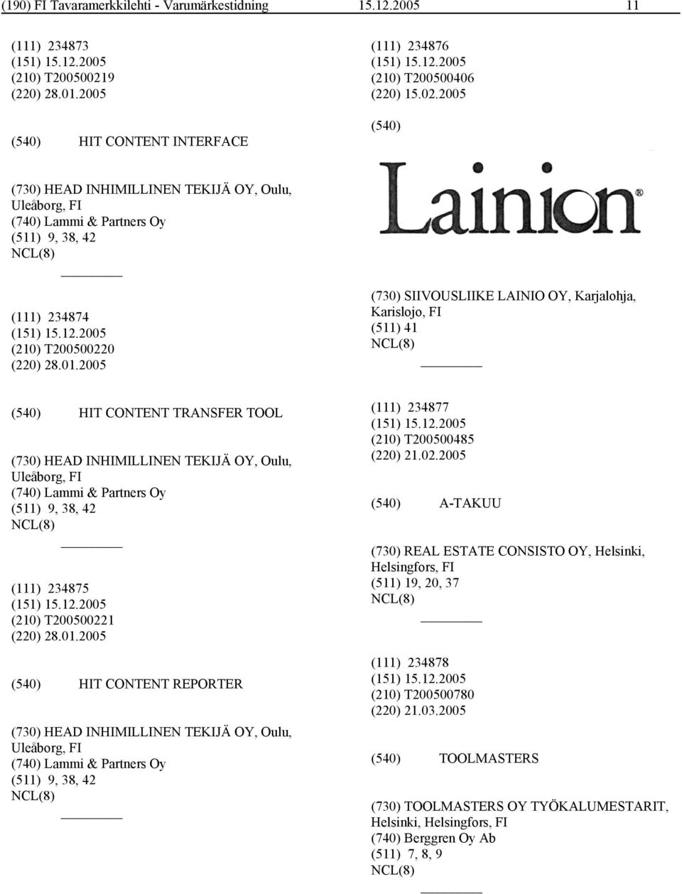 2005 (730) HEAD INHIMILLINEN TEKIJÄ OY, Oulu, Uleåborg, FI (740) Lammi & Partners Oy (511) 9, 38, 42 (111) 234874 (210) T200500220 (220) 28.01.