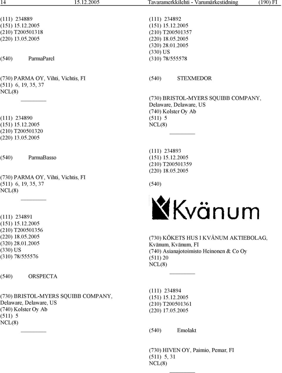 05.2005 ParmaBasso (730) PARMA OY, Vihti, Vichtis, FI (511) 6, 19, 35, 37 STEXMEDOR (730) BRISTOL-MYERS SQUIBB COMPANY, Delaware, Delaware, US (740) Kolster Oy Ab (511) 5 (111) 234893 (210)