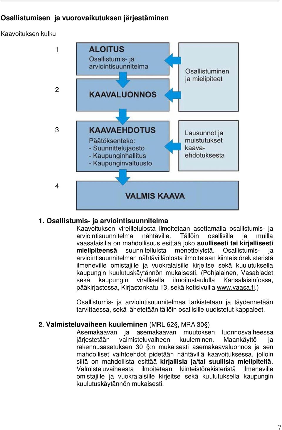 Tällöin osallisilla ja muilla vaasalaisilla on mahdollisuus esittää joko suullisesti tai kirjallisesti mielipiteensä suunnitelluista menettelyistä.