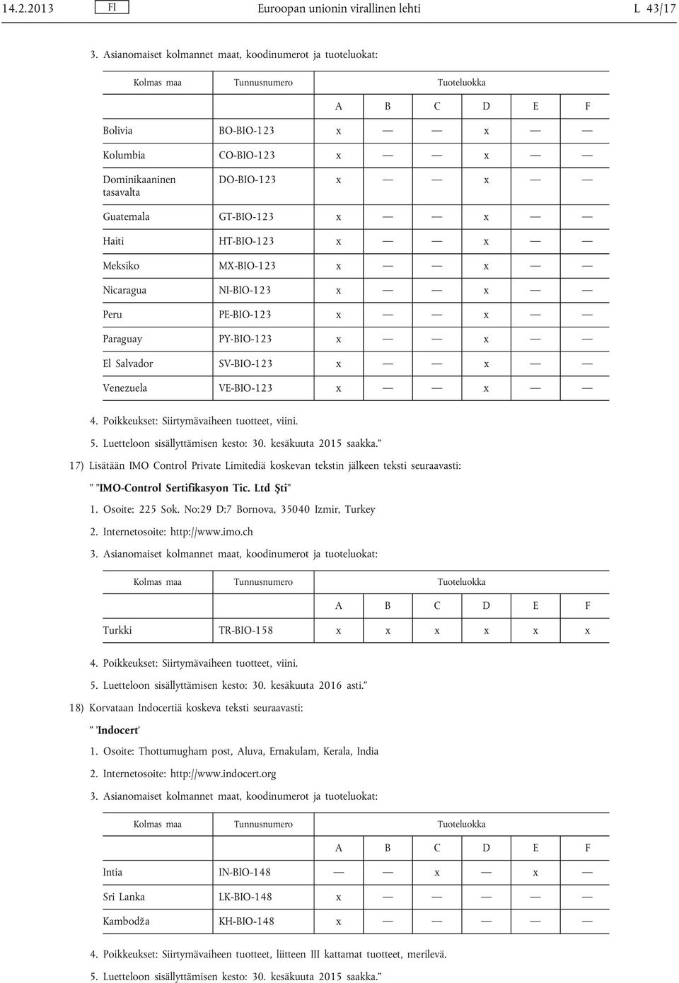 jälkeen teksti seuraavasti: IMO-Control Sertifikasyon Tic. Ltd Ști 1. Osoite: 225 Sok. No:29 D:7 Bornova, 35040 Izmir, Turkey 2. Internetosoite: http://www.imo.ch Turkki TR-BIO-158 x x x x x x 5.