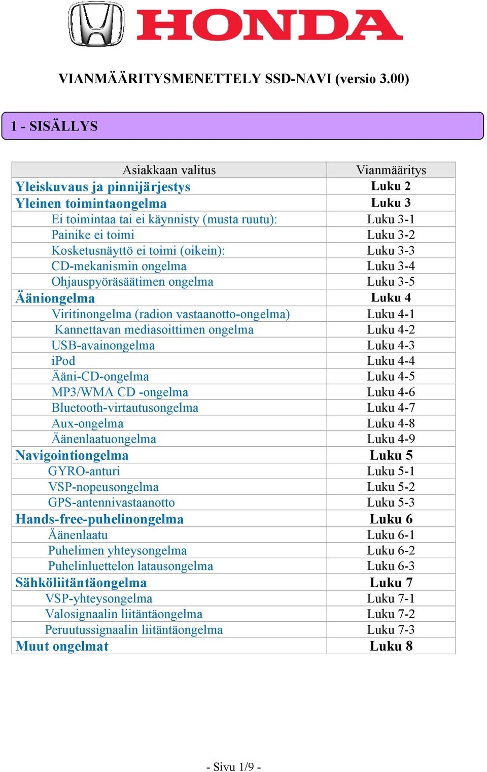 mediasoittimen ongelma Luku 4-2 USB-avainongelma Luku 4-3 ipod Luku 4-4 Ääni-CD-ongelma Luku 4-5 MP3/WMA CD -ongelma Luku 4-6 Bluetooth-virtautusongelma Luku 4-7 Aux-ongelma Luku 4-8