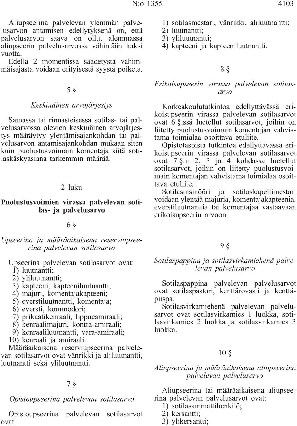 5 Keskinäinen arvojärjestys Samassa tai rinnasteisessa sotilas- tai palvelusarvossa olevien keskinäinen arvojärjestys määräytyy ylentämisajankohdan tai palvelusarvon antamisajankohdan mukaan siten