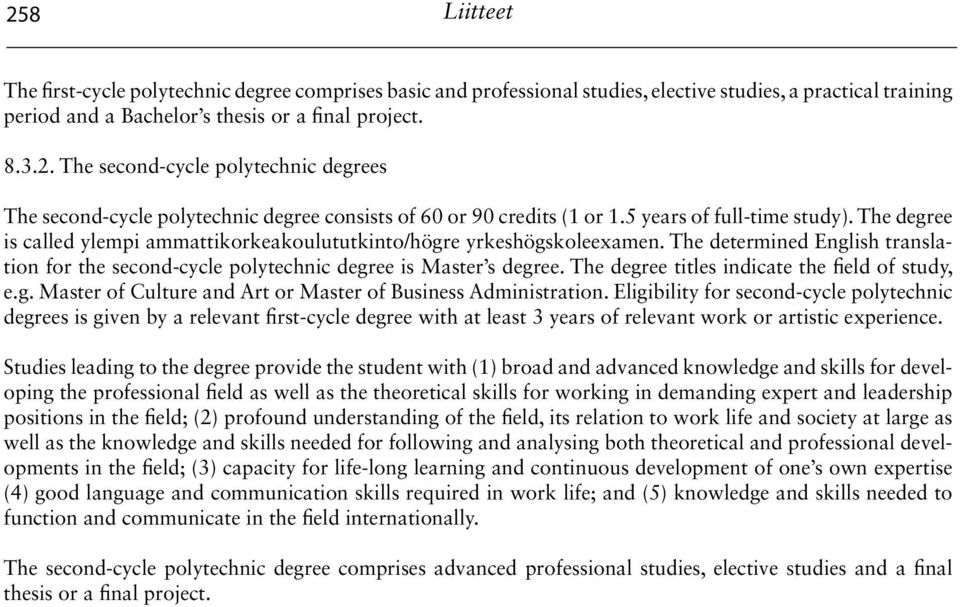 The determined English translation for the second-cycle polytechnic degree is Master s degree. The degree titles indicate the field of study, e.g. Master of Culture and Art or Master of Business Administration.