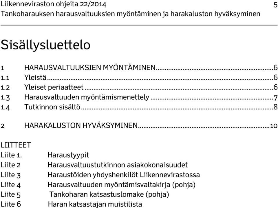 Liite 2 Liite 3 Liite 4 Liite 5 Liite 6 Haraustyypit Harausvaltuustutkinnon asiakokonaisuudet Haraustöiden yhdyshenkilöt