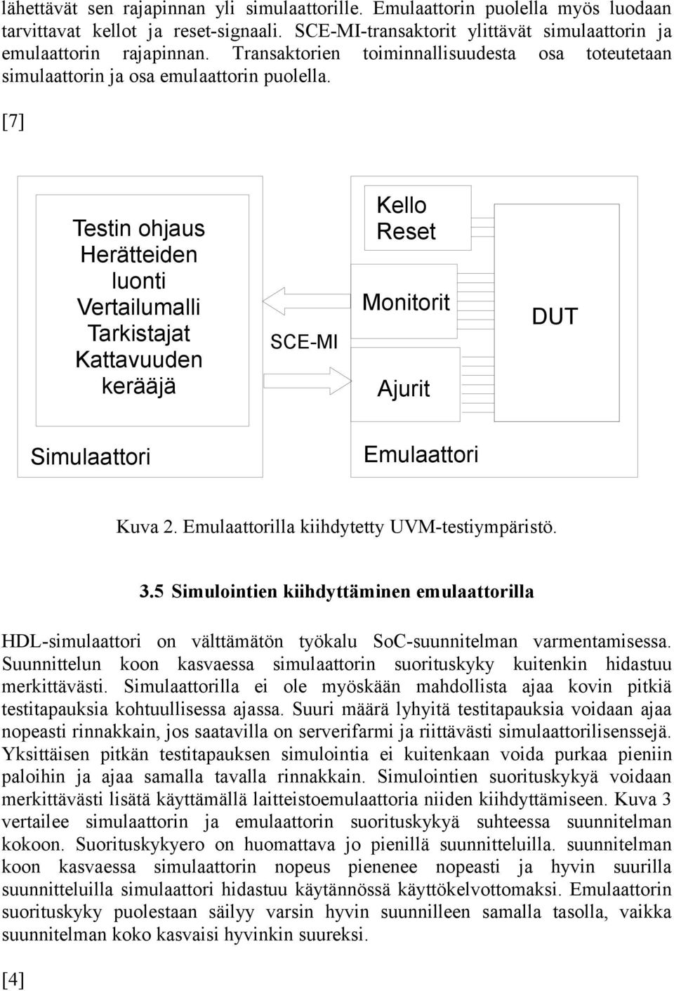 [7] Testin ohjaus Herätteiden luonti Vertailumalli Tarkistajat Kattavuuden kerääjä SCE-MI Kello Reset Monitorit Ajurit DUT Simulaattori Emulaattori Kuva 2.