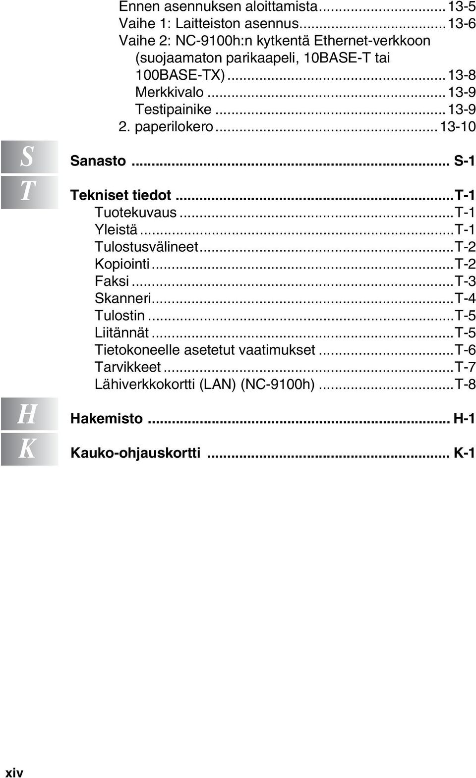 ..13-9 Testipainike...13-9 2. paperilokero...13-10 S Sanasto... S-1 T Tekniset tiedot...t-1 Tuotekuvaus...T-1 Yleistä...T-1 Tulostusvälineet.