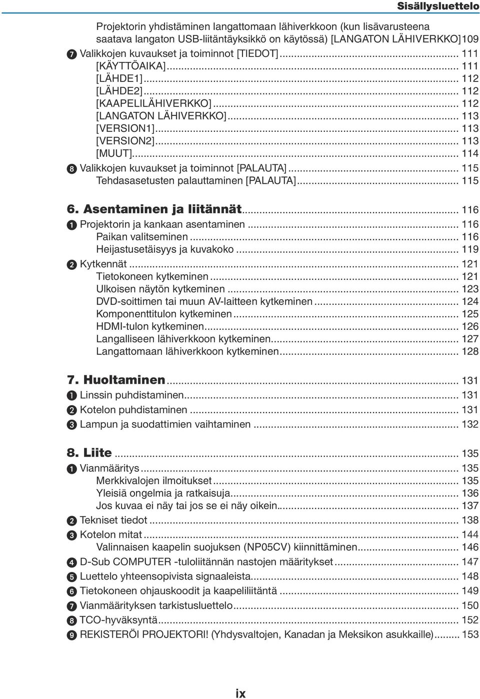 .. 113 [MUUT]... 114 8 Valikkojen kuvaukset ja toiminnot [PALAUTA]... 115 Tehdasasetusten palauttaminen [PALAUTA]... 115 6. Asentaminen ja liitännät... 116 Projektorin ja kankaan asentaminen.