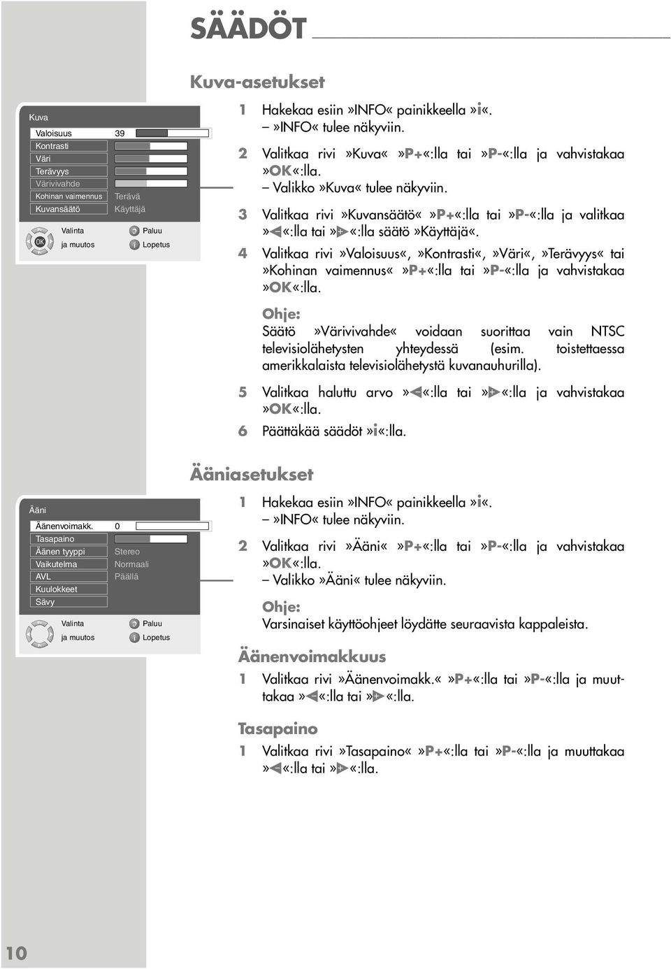 4 Valitkaa rivi»valoisuus«,»kontrasti«,»väri«,»terävyys«tai»kohinan vaimennusp+«:lla tai»p-«:lla ja vahvistakaa Säätö»Värivivahde«voidaan suorittaa vain NTSC televisiolähetysten yhteydessä (esim.