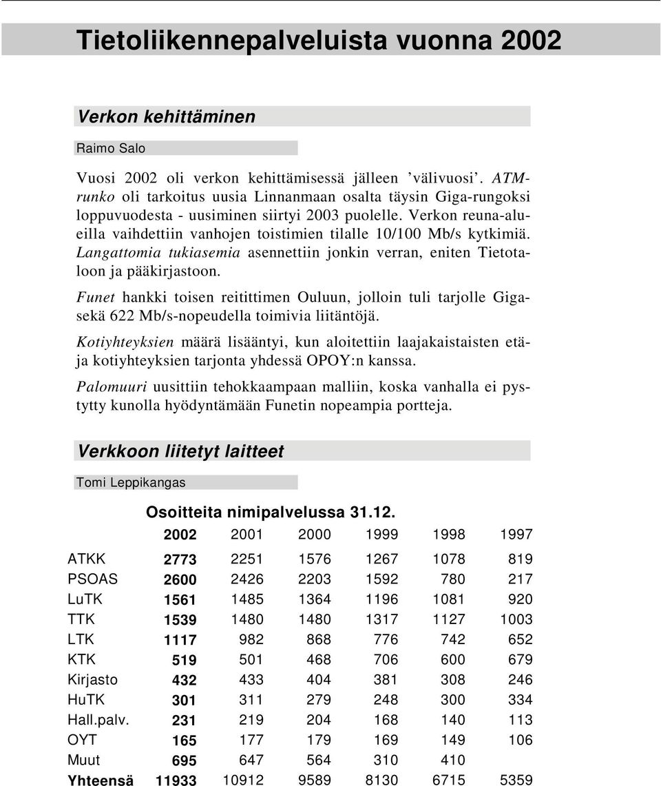 Langattomia tukiasemia asennettiin jonkin verran, eniten Tietotaloon ja pääkirjastoon. Funet hankki toisen reitittimen Ouluun, jolloin tuli tarjolle Gigasekä 622 Mb/s-nopeudella toimivia liitäntöjä.