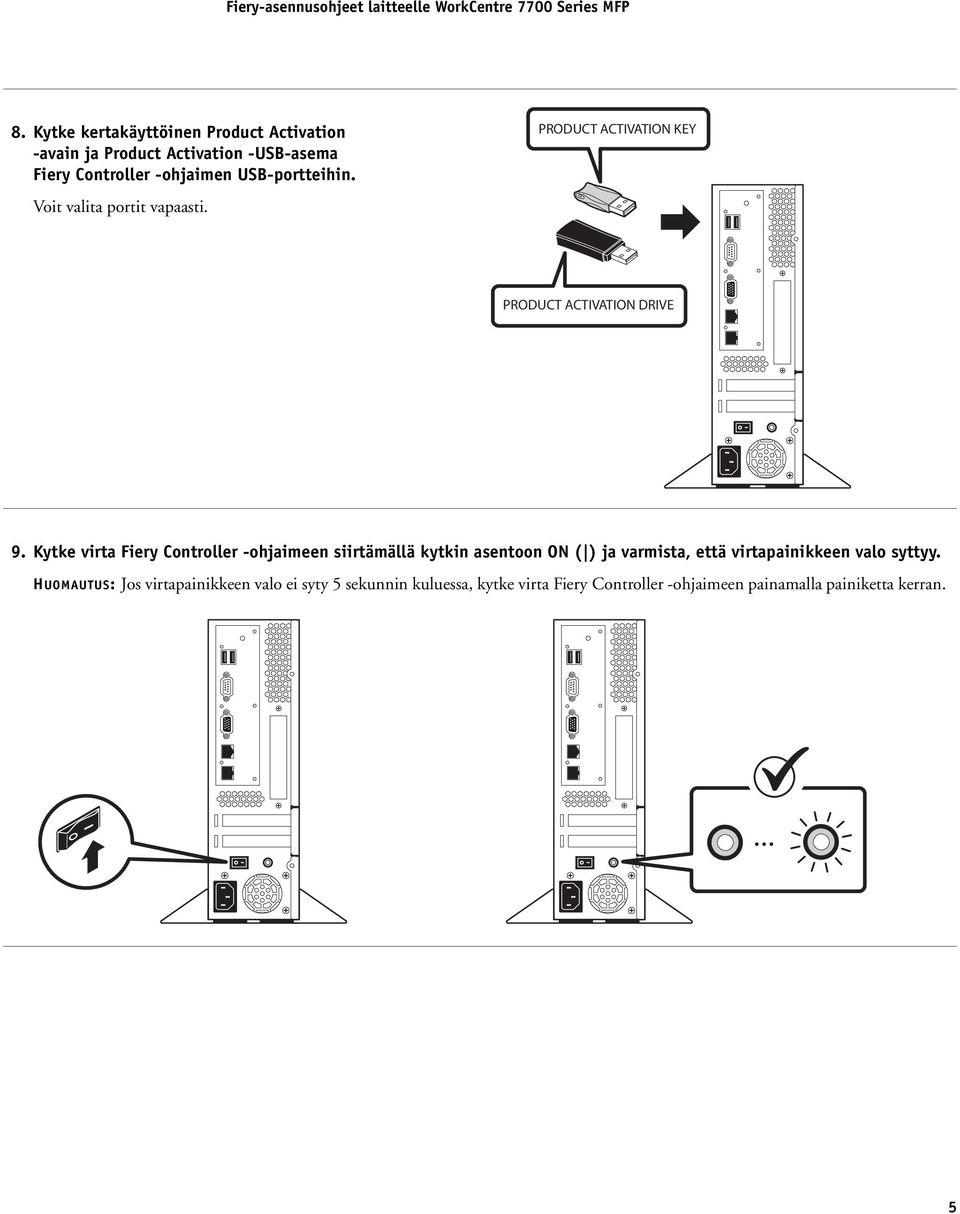 Kytke virta Fiery Controller -ohjaimeen siirtämällä kytkin asentoon ON ( ) ja varmista, että virtapainikkeen valo