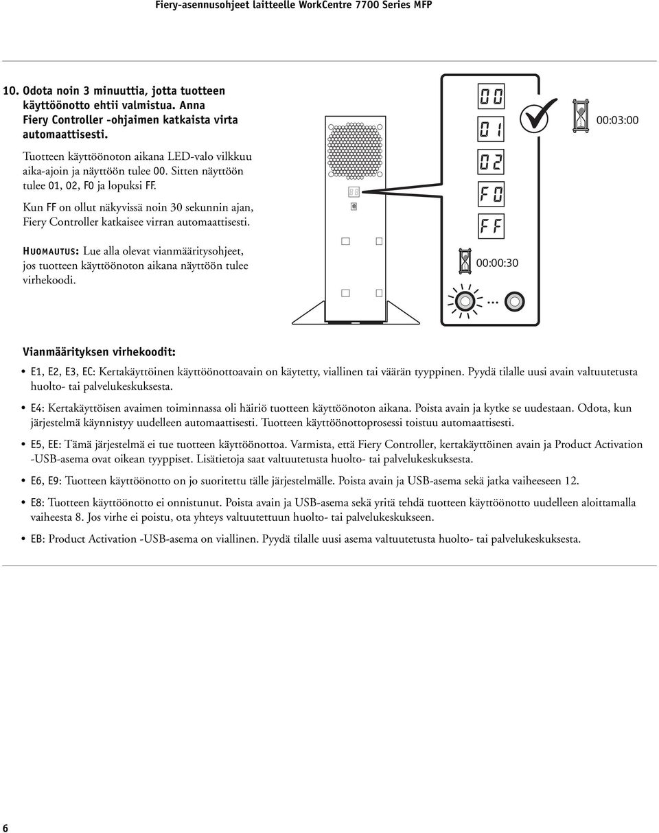 Kun FF on ollut näkyvissä noin 30 sekunnin ajan, Fiery Controller katkaisee virran automaattisesti.