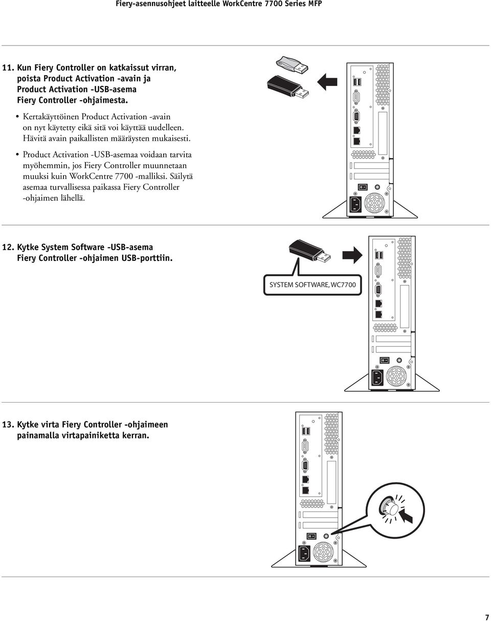 Product Activation -USB-asemaa voidaan tarvita myöhemmin, jos Fiery Controller muunnetaan muuksi kuin WorkCentre 7700 -malliksi.