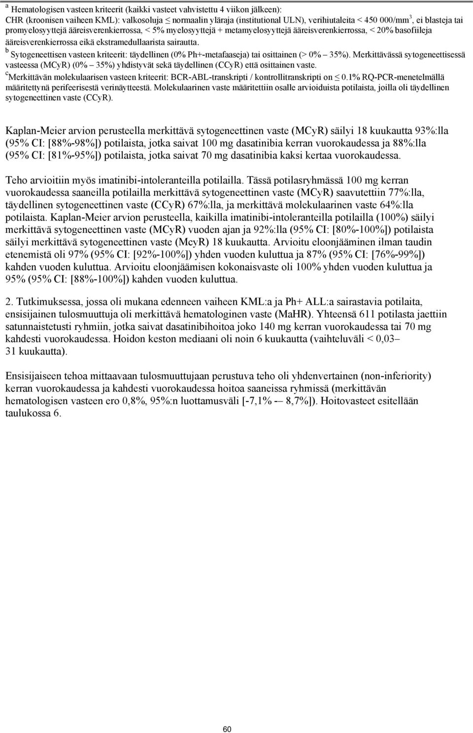 b Sytogeneettisen vasteen kriteerit: täydellinen (0% Ph+-metafaaseja) tai osittainen (> 0% 35%).