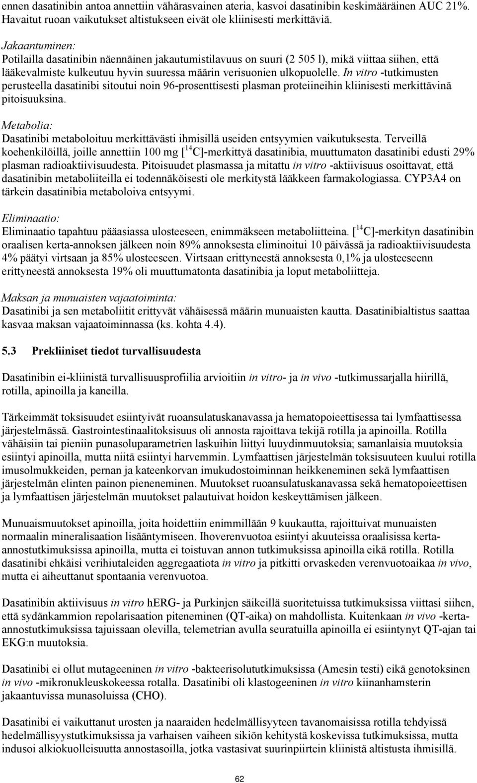 In vitro -tutkimusten perusteella dasatinibi sitoutui noin 96-prosenttisesti plasman proteiineihin kliinisesti merkittävinä pitoisuuksina.